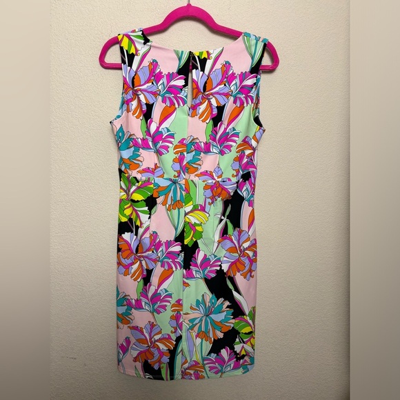 Jude Connally Tropical Abstract Floral Scuba Knit Stretch V-Neck Shift Dress M - Picture 2 of 8